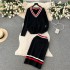 Fashion, leisure, lazy, chic, British style knitting top+high waist, hip bag, Fried Dough Twists sweater, skirt, two-piece set