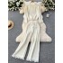 French retro vintage tassel set women's round neck knitted loose fit slimming sweater+high waist slimming wide leg pants