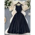 High end socialite's small dress, female heavy worker, nail bead round neck, hanging neck, sleeveless pleated waist, slimming and large swing dress