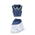 Xiaoxiang style denim suit women's summer lace doll collar sleeveless short top+irregular hip hugging skirt