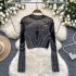 European and American versatile long sleeved round neck rhinestone mesh T-shirt for women in summer, slim fit and versatile short base shirt