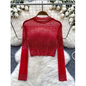 European and American women's sexy thin style see through versatile long sleeved mesh T-shirt, heavy-duty hot stamping short style exposed navel bottom shirt