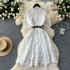 French retro elegant dress for female heavy workers with hollowed out embroidery lace round neck short sleeved waist slimming A-line dress