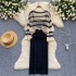 Gentle style set of women's Korean hollowed out striped long sleeved knitted top and camisole dress two-piece set