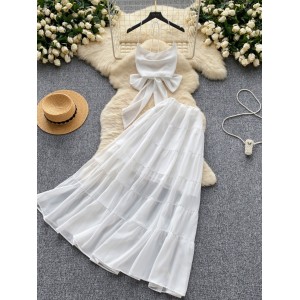 Fairy vacation set 2024 new sexy backless lace up hanging neck vest high waist big swing skirt two-piece set