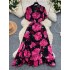 French retro dress with socialite temperament, V-neck, bubble sleeves, single breasted high waist, slimming effect, slit printed long skirt