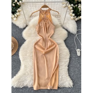 Summer Women's New Commuting Sister Sexy Hollow out Metal Circle Hanging Neck Folded Waist Split Satin Dress