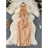 Summer Women's New Commuting Sister Sexy Hollow out Metal Circle Hanging Neck Folded Waist Split Satin Dress