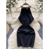 French retro black dress women's summer socialite heavy industry diamond studded tassel hanging neck sleeveless waist slimming dress