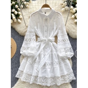 Palace style dress, women's French retro hollow embroidery lace patchwork lantern sleeves, single breasted waist cinched A-line skirt