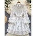 Palace style dress, women's French retro hollow embroidery lace patchwork lantern sleeves, single breasted waist cinched A-line skirt