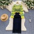 Gentle style set of women's Korean hollowed out striped long sleeved knitted top and camisole dress two-piece set