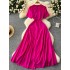 European and American socialite fashion dress with a sense of female design, three-dimensional flower round neck short sleeved high waisted pleated long skirt