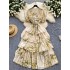 High end wood ear V-neck bubble sleeve dress for women with slimming temperament, cinched waist, ruffled edges, floral chiffon long skirt