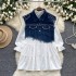 Korean style fashionable versatile white long sleeved shirt+design sense nail bead irregular tassel denim vest two-piece set