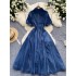 New Chinese style retro Chinese style cheongsam style denim dress with women's bubble sleeves, buckle embroidery design, light luxury long skirt