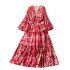 High waisted dress for women in early autumn, new French retro V-neck lantern sleeves, slimming temperament, ruffled floral long skirt