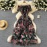 French high-end socialite mini dress with one shoulder, bubble sleeves, pleated waist, mesh, printed fluffy dress for women