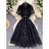 Summer style French retro elegant heavy industry lace embroidery lapel single breasted waist cinching slimming temperament dress