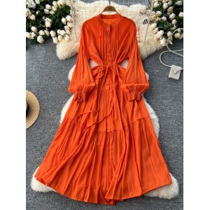 French retro elegant dress with female design sense, single breasted loose waist strap, slimming temperament, knee length long skirt