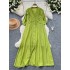 Design sense: ruffle edge splicing, V-neck, single breasted, slimming temperament dress, stylish, age reducing, loose French long skirt