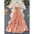 Pure desire sexy vacation dress for women in summer, hollowed out neck hanging suspender, high waist slimming printed pleated long skirt