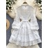 Palace style dress, women's French retro hollow embroidery lace patchwork lantern sleeves, single breasted waist cinched A-line skirt