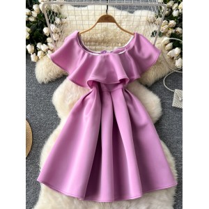 European and American high-end small dress for women's dinner party dress with one shoulder lotus leaf edge and waist cinching to show off slimming A-line fluffy skirt