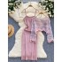 Gentle style set of women's Korean hollowed out striped long sleeved knitted top and camisole dress two-piece set