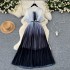 French high-end bow tie tied short sleeved waist cinched pleated dress for women to look slim and have a gradient color chiffon skirt