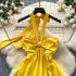 Design twist, strapless, neck tied dress, women's high waist slimming A-line big swing temperament vacation French dress