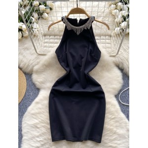 French retro black dress women's summer socialite heavy industry diamond studded tassel hanging neck sleeveless waist slimming dress