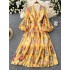 High waisted dress for women in early autumn, new French retro V-neck lantern sleeves, slimming temperament, ruffled floral long skirt