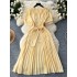 French design style V-neck short sleeved waist cinched pleated dress with pleats, feminine and stylish, age reducing and slimming temperament A-line long skirt