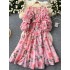 Fairy style vacation dress, niche European and American three-dimensional flower long sleeved round neck cinched waist lace up printed large swing long skirt