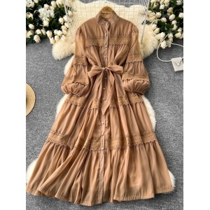 Palace style dress for women 2024 new style French heavy industry lace patchwork stand up collar single breasted waist cinching dress