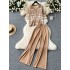 Lazy style two-piece women's Korean version fashionable casual polo collar short sleeved striped knit shirt+versatile wide leg pants