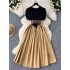 French retro court style round neck bubble sleeve dress with women's design sense, contrasting color splicing, pressed pleats, large swing long skirt