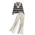 Autumn and winter new lazy style Korean version contrasting suit collar striped knitted sweater top two-piece set high waist wide leg pants