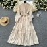 French high-end retro lace patchwork pearl single breasted dress with slim temperament and stand up collar lantern sleeves, large swing dress