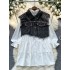 Korean style fashionable versatile white long sleeved shirt+design sense nail bead irregular tassel denim vest two-piece set