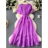 French gentle and elegant dress, women's heavy worker butterfly embroidery round neck bubble sleeve slimming waist cinching temperament long skirt