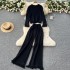 French retro vintage tassel set women's round neck knitted loose fit slimming sweater+high waist slimming wide leg pants