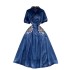 New Chinese style retro Chinese style cheongsam style denim dress with women's bubble sleeves, buckle embroidery design, light luxury long skirt