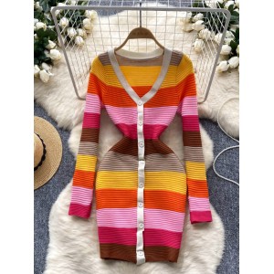 Early Autumn New Rainbow Stripe Splicing Knitted Dress for Women, with a Girlfriend Style, cinched waist and slimming effect, single breasted short skirt