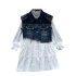 Korean style fashionable versatile white long sleeved shirt+design sense nail bead irregular tassel denim vest two-piece set