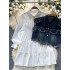 Korean style fashionable versatile white long sleeved shirt+design sense nail bead irregular tassel denim vest two-piece set