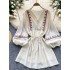 Bohemian vacation dress for female niche retro heavy embroidery V-neck lantern sleeves loose waist A-line short skirt