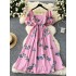 French retro square neck bubble sleeve printed dress for women in 2024 summer, high waist, slimming temperament, super fairy first love dress