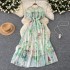 French style tea break retro round neck ruffle edge patchwork dress for women with a cinched waist, slimming effect. Floral chiffon knee length skirt